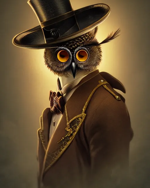 Prompt: steampunk male owl portrait, handsome, steampunk hat, detective coat, steampunk monocle, hyper realistic 3 d render by ilya kuvshinov, peter mohrbacher, greg rutkowski, ryohei hase, dramatic lighting, intricate, highly detailed, sharp focus, luminous, unreal engine, blender, deviant art, masterpiece, ray tracing