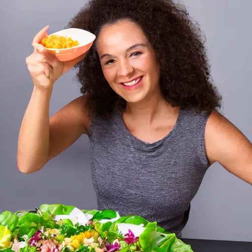 Prompt: happy woman eating salad, stock photograph, studio lighting, 4k