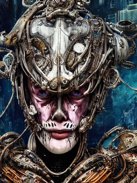 Prompt: portrait art of 8k ultra realistic undead corrupted ghost in the shell, ornate intricate helmet , detailed intricate ornate armour,decaying, cybernetic, full of colour, cinematic lighting, battered, trending on artstation, 4k, hyperrealistic, focused, extreme details,unreal engine 5, cinematic, masterpiece, art by ayami kojima, giger