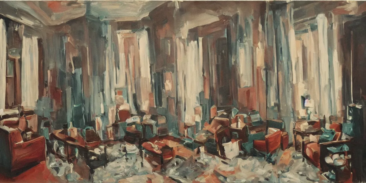 Prompt: oil paint on canvas, interior of a apartment new york city circa 1 9 4 0