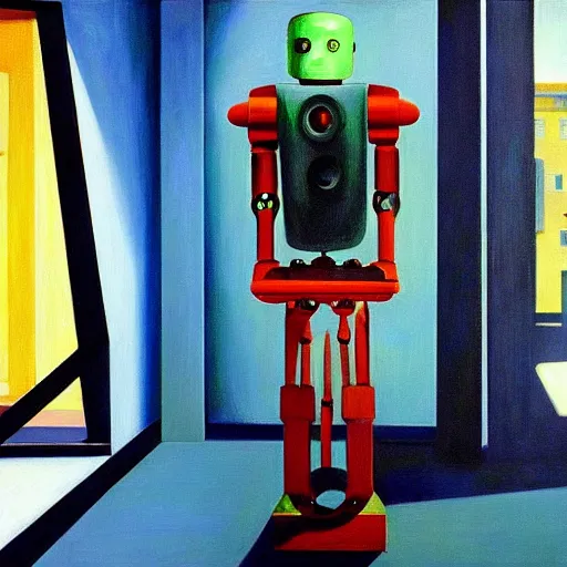 Prompt: robot overlords, grant wwood, pj crook, edward hopper, oil on canvas