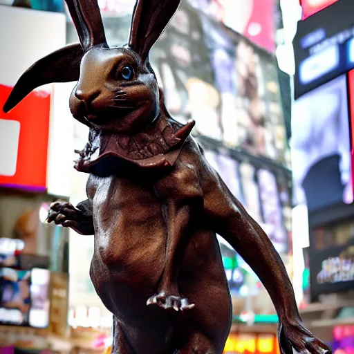 Image similar to a realistic bronze sculpture of a very scary bunny with sharp teeth made by michelangelo, standing in times square, 3 d render, hyper detailed, sharp focus, 8 k resolution