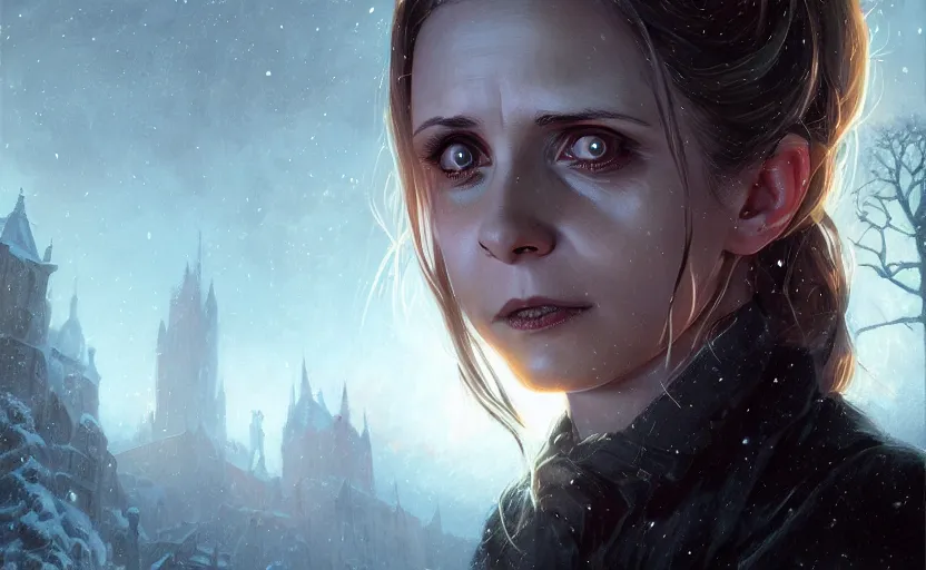 Image similar to highly detailed portrait of buffy the vampire slayer, in 3 0 days of night, stephen bliss, unreal engine, fantasy art by greg rutkowski, loish, rhads, ferdinand knab, makoto shinkai and lois van baarle, ilya kuvshinov, rossdraws, tom bagshaw, global illumination, radiant light, detailed and intricate environment