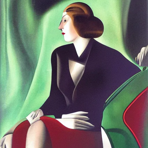 Image similar to portrait of an elegant woman in the 1 9 3 0 s driving a green car, by tamara de lempicka