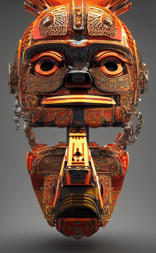 Image similar to robot wearing a tribal mask, japanese pottery, vivid colors, wood, metal, intricate details, trending on cgsociety, concept art, glowing eyes, sharp focus, ultra realistic details, cinematic atmosphere, global illumination, shadows, octane render, 8 k