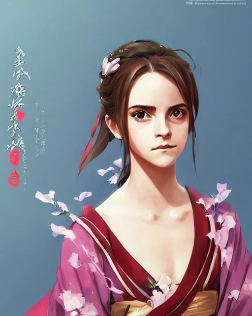 Image similar to An anime portrait of Emma Watson as a beautiful woman wearing a kimono from Skyrim, by Stanley Artgerm Lau, WLOP, Rossdraws, James Jean, Andrei Riabovitchev, Marc Simonetti, and Sakimichan, trending on artstation