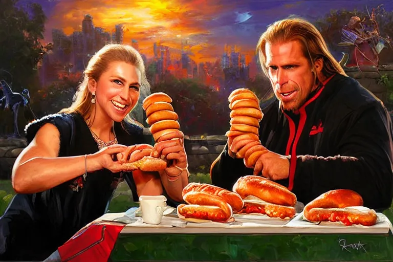 Image similar to portrait of wwf shawn michaels and queen elizabeth sharing hotdogs, an oil painting by ross tran and thomas kincade