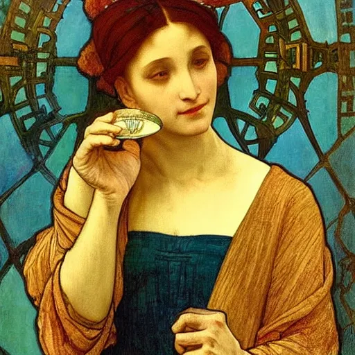 Image similar to a beautiful arrogant surreal greek lady drinking tea looking disdained, rennaisance painting, by leonardo da vinci and alphonse mucha