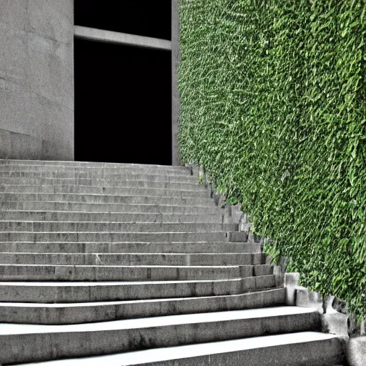 Image similar to a set of stairs with vines growing up them, walls of stone bricks, volumetric bluish light, a raytraced image by Tadao Ando, flickr contest winner, environmental art, streetscape, vray, national geographic photo