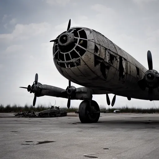 Prompt: A destroyed B-29 Superfortress at an airbase undergoing routine maintenance, wasteland, sun overhead, Second World War, hyper realistic, super detailed, 4k, HDR, sharp focus, shading, stunning visuals