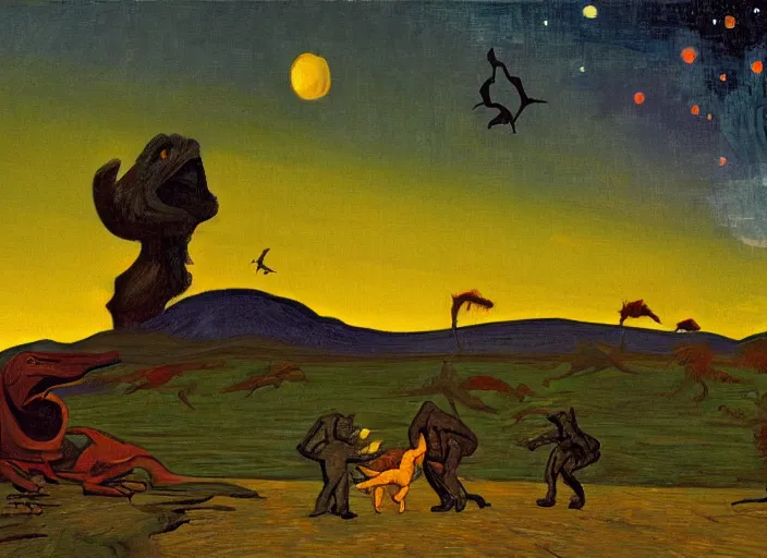 Image similar to painting of the extinction of the dinosaurs with asteroid and fire, in the style of edward hopper and vincent van gogh, dramatic lighting at dusk