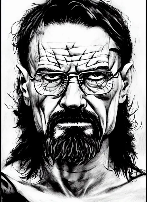 Prompt: portrait of walter white as conan the barbarian by frank frazetta and harumi hironaka