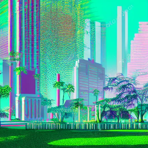 Image similar to art deco vaporwave illustration of a green park in a futuristic pastel city