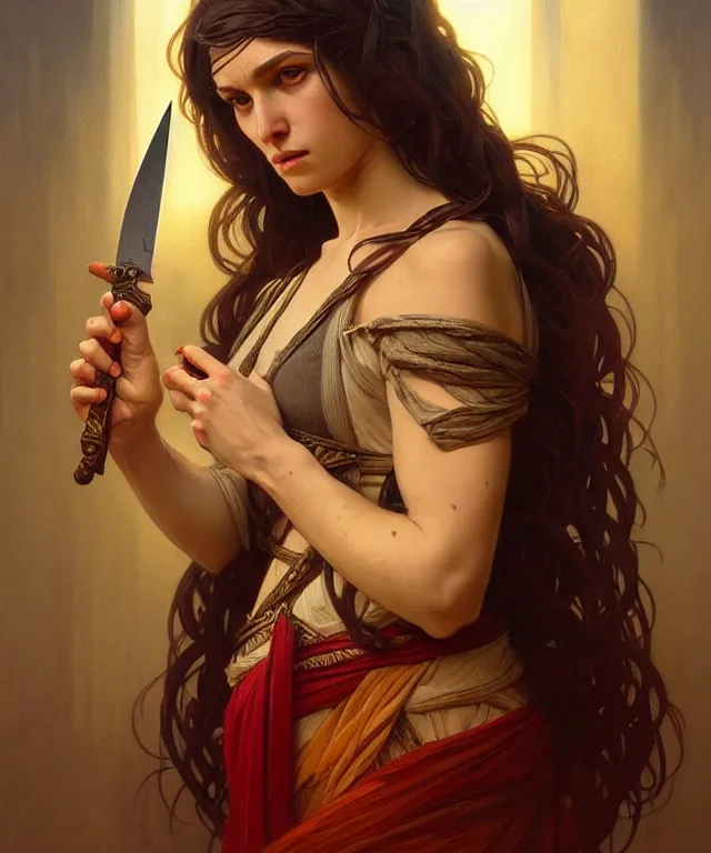 Prompt: portrait of biblical delilah holding a small knife, intricate, headshot, highly detailed, digital painting, artstation, concept art, sharp focus, cinematic lighting, illustration, art by artgerm and greg rutkowski, alphonse mucha, cgsociety