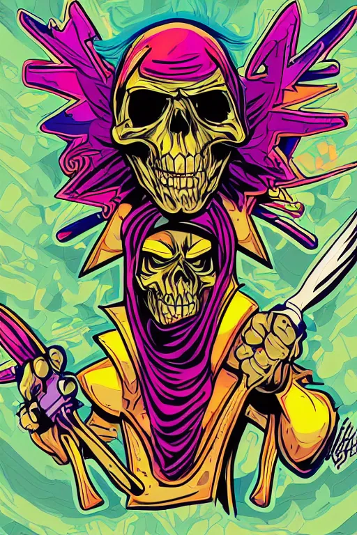 Image similar to rockstar skeletor, art by brian miller, sticker, colorful, illustration, highly detailed, simple, smooth and clean vector curves, no jagged lines, vector art, smooth