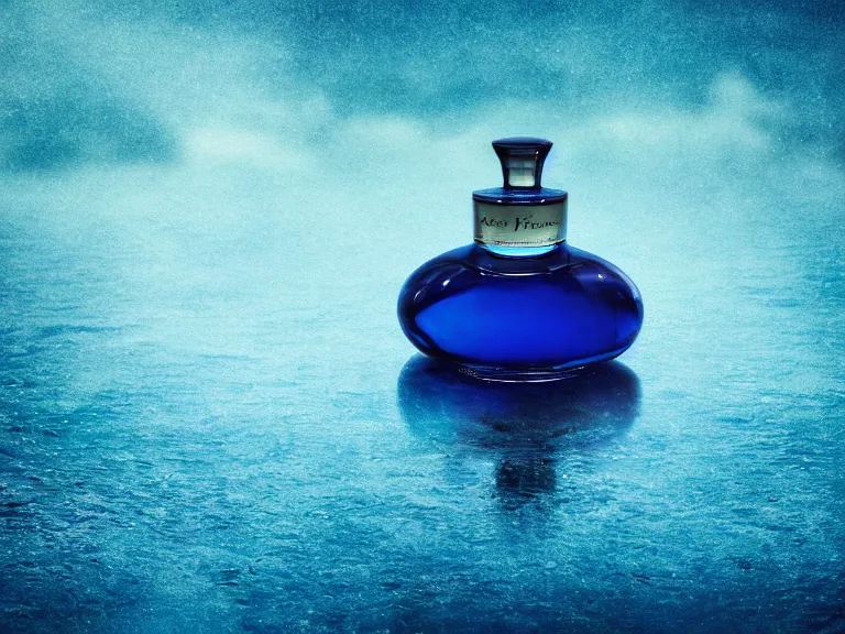 Prompt: perfume bottle standing on lilpadss in a deep blue pond ; 4 style of nicholas fols, 2 0 0 mm, mute dramatic colours, soft blur outdoor stormy sea background, volumetric lighting, hyperrealistic