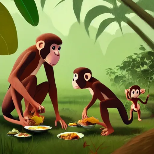 Image similar to goro fujita ilustration jungle monkeys trying to take food from a family of campers, painting by goro fujita, sharp focus, highly detailed, artstation