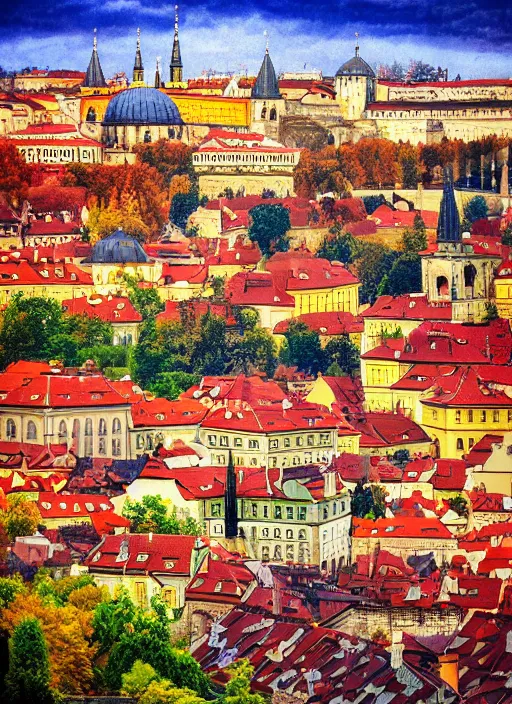 Image similar to painting of beautiful shot of Royal medieval European city like Prague mixed with Istanbul like Islamic architecture with greenery all around , autumn colors