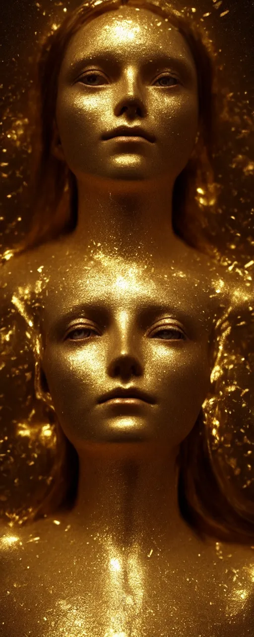 Prompt: portrait photo of a goddess, Gold raining in background, cinematic lighting, ultra super good realistic 3D render by Pete Morbacher and Emil Melmoth, insanely detailed, trending on artstation, sharp focus