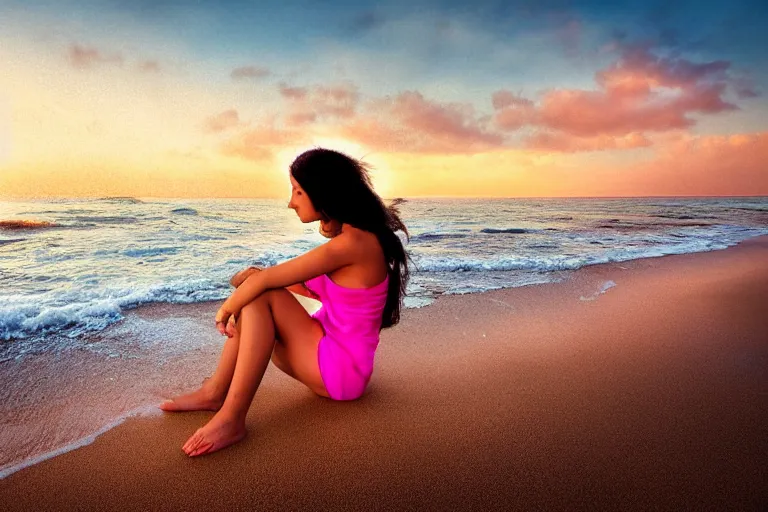 Prompt: a very pretty girl on the beach, award winning photograph