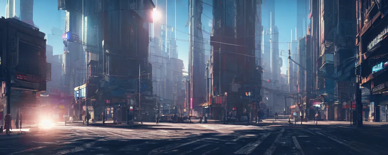 Image similar to photorealistic cyberpunk city streets. daylight. sunlight. lens flare. light fixtures. 8K. detailed. photorealism. artstation. 25mm f/1.7 ASPH Lens. ultra realistic