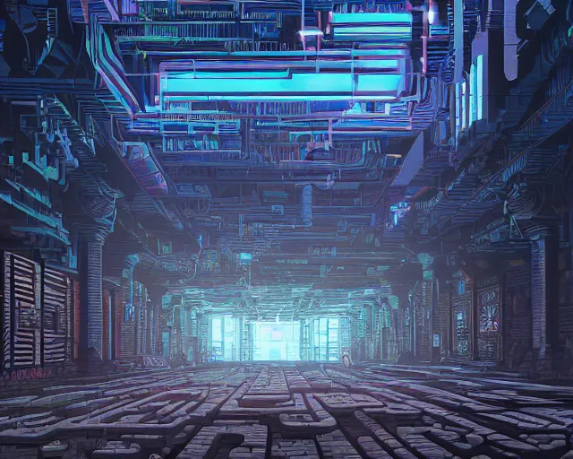 Image similar to interior of an underground maze within a large cyberpunk complex, pixelart, brutalism, volumetric lighting, 8 k, art by dan mumford, greg rutowski, johan grenier