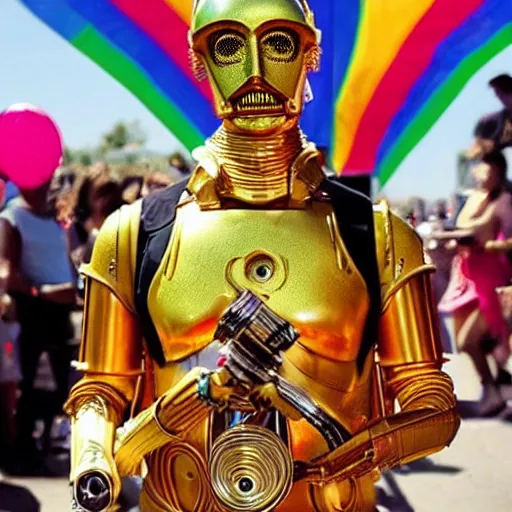 Image similar to c 3 po at a pride festival