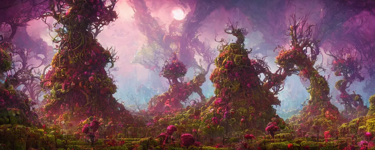 Image similar to ” whimsical world of flowers, trees, twisted roots and happiness, [ by paul lehr, cinematic, detailed, epic, widescreen, opening, establishing, mattepainting, photorealistic, realistic textures, octane render ] ”