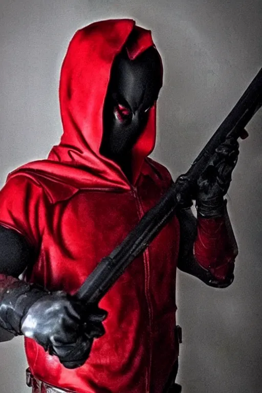 Image similar to red hood cosplay, creepy, disturbing, bloody, darkness, grainy