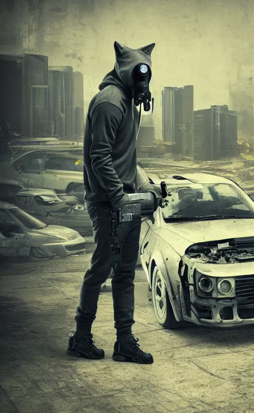 Image similar to wolf gang, cyberpunk, gray hoodie, photo group, old car, abandoned warehouse, weapon, drugs, flex, relative position, gasmask, non fiction stability, intricate, elegant, 8 k, uhd, justify, artstation, concept art, matte, sharp focus, illustration, consistent, one object content, proportional object content