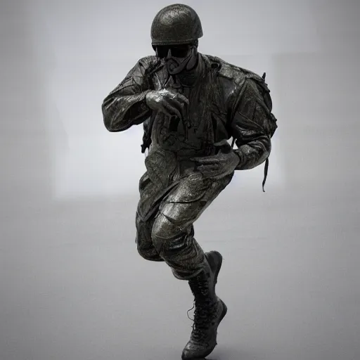 Prompt: 3 d render melted military soldier running sculpture, chrometype, liquid metal, neotribal, raytraced, volumetric lightning, 8 k by wlop, innate studio h - 1 0 0 0 w - 1 0 0 0