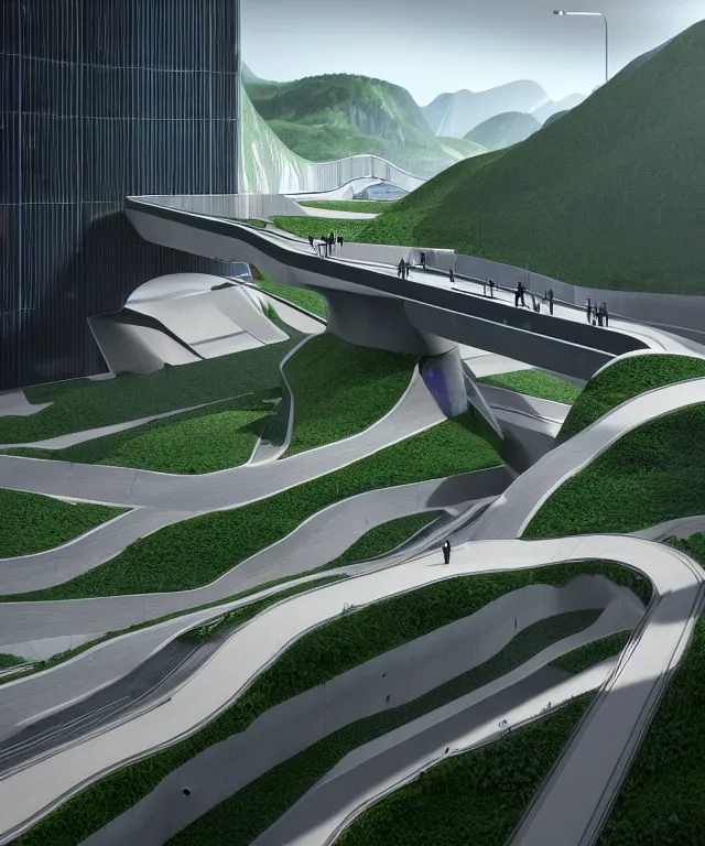 Image similar to denis villeneuve establishing shot of modern bjarke ingels condo building and gotthard tunnel entrance combined, roads tunnel under bjarke ingels condo building, lush nature environment, beautiful lighting, scifi artstation digital concept art, unreal engine, hyper realism, realistic shading, cinematic composition, blender render, octane render, wide shot