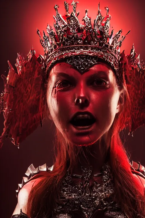 Image similar to the blood crown queen wear the scarlet armor, cinematic lighting, various refining methods, micro macro autofocus, ultra definition, award winning photo