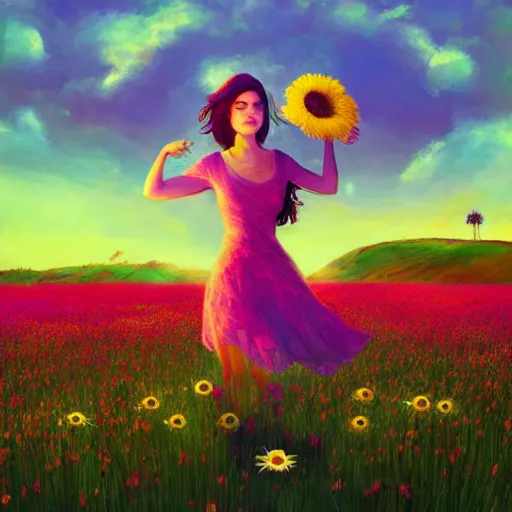 Image similar to giant daisy flower as head, full body girl dancing in a flower field, surreal photography, sunrise, dramatic light, impressionist painting, colorful clouds, digital painting, artstation, simon stalenhag
