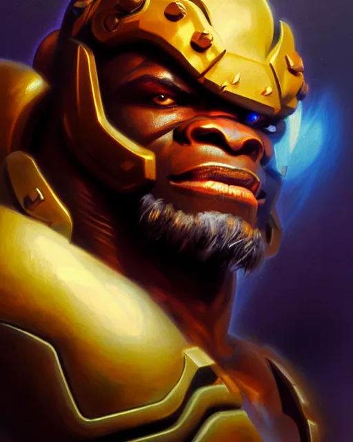 Image similar to doomfist from overwatch, fantasy, fantasy art, character portrait, portrait, close up, highly detailed, intricate detail, amazing detail, sharp focus, vintage fantasy art, vintage sci - fi art, radiant light, caustics, by boris vallejo