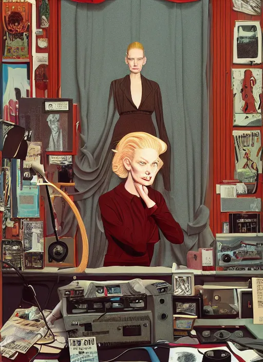 Image similar to Twin Peaks poster artwork by Michael Whelan, Bob Larkin and Tomer Hanuka, Karol Bak of portrait of radio host Tilda Swinton hanging out in her studio radio sound booth, from scene from Twin Peaks, simple illustration, domestic, nostalgic, from scene from Twin Peaks, clean, cover of New Yorker magazine, 1980s book cover, 1990s