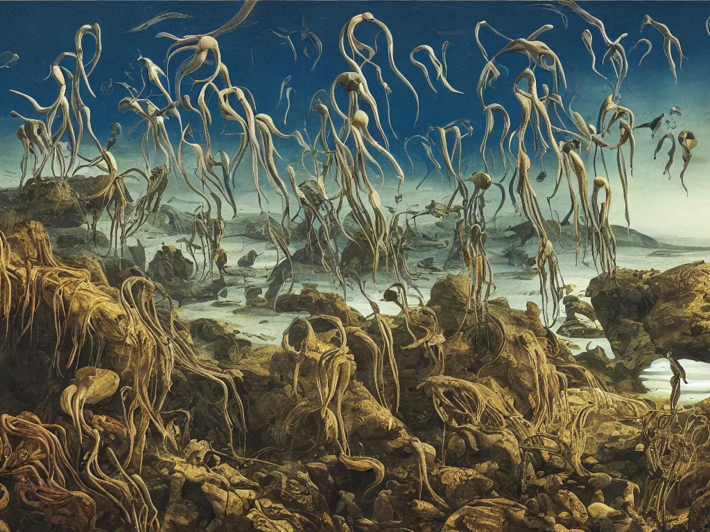 Image similar to The peaceful return of the cnidarians. The human metropolis falls and crumbles, Autumn light, harsh. Painting by Walton Ford, Caspar David Friedrich, Otto Dix