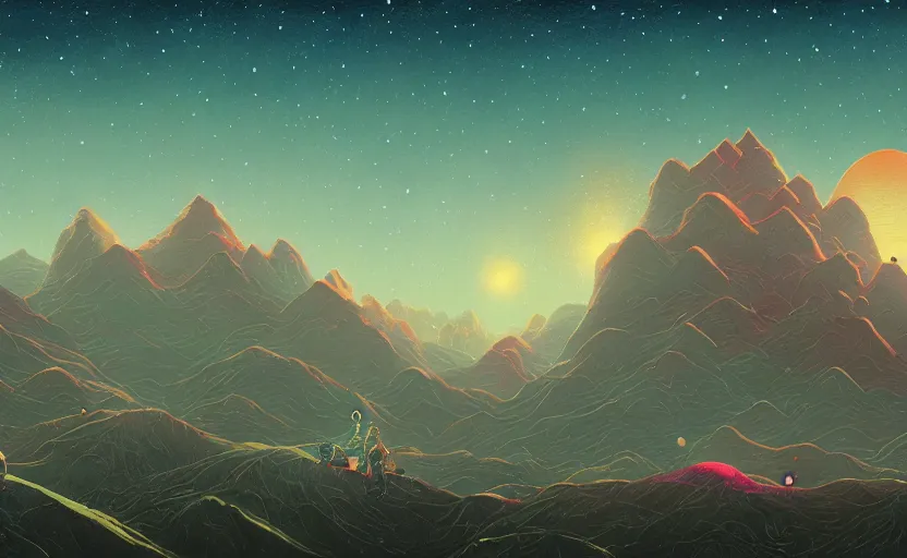 Prompt: mountains, stars and paisley filled sky, artstation, intricate, highly detailed, digital painting, concept art, sharp focus, illustration by Benjamin Lacombe and Simon Stalenhag