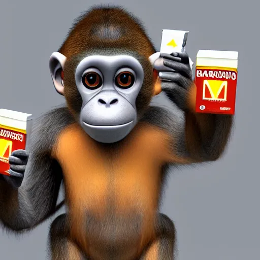 Prompt: monkey holding a pack of marlboros, dramatic 3d render, artstation