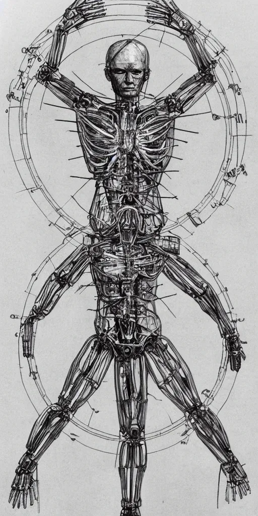 Prompt: full body of Westworld robot anatomy sketch by Leonardo da Vinci, the vitruvian man style, highly detailed, old sketch,