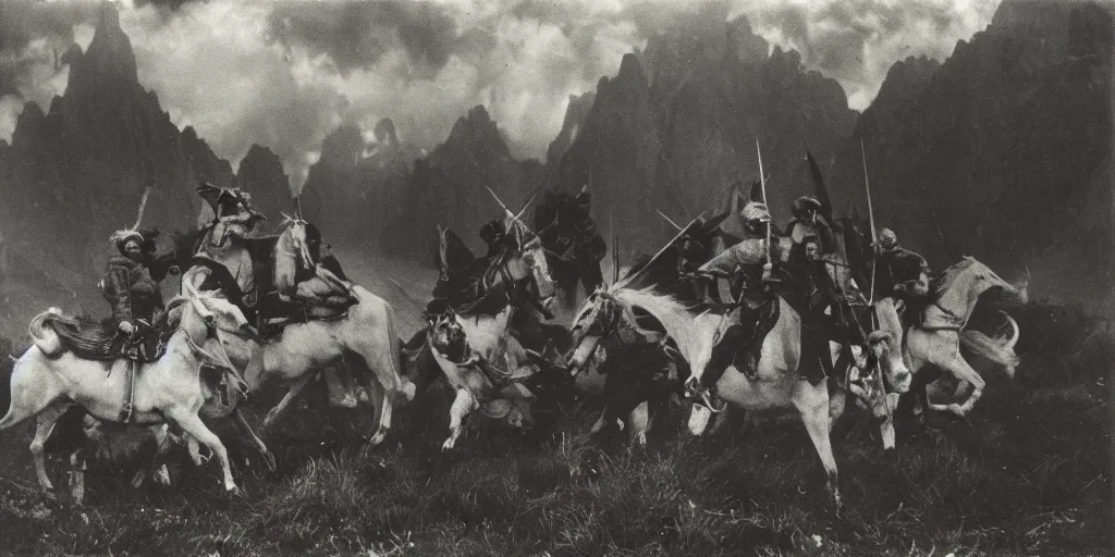 Prompt: 1 9 2 0 s spirit photography of the wild hunt in the dolomites, mythology, tyrolean, germanic, by william hope, dark, eerie, grainy