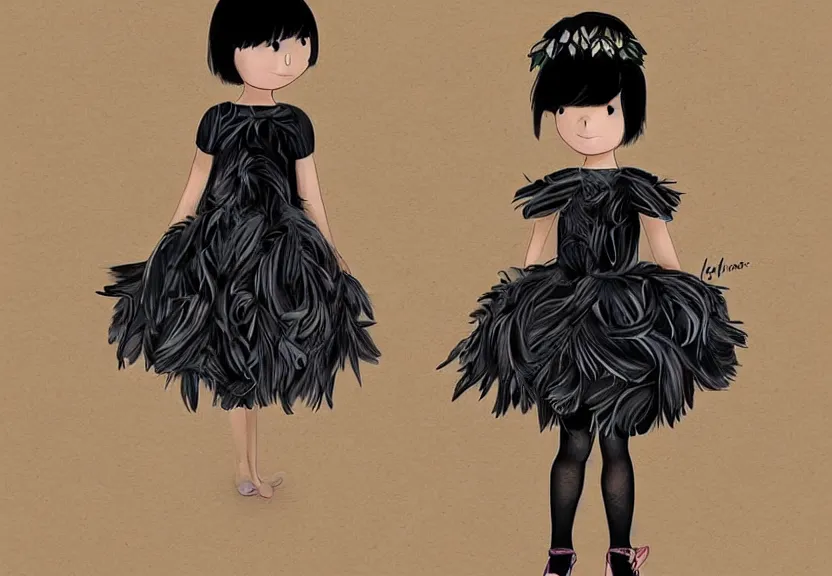 Image similar to little girl with a short black haircut wearing a dress made of black feathers, artwork in disney art style, anatomically perfect