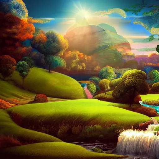 Image similar to A beautiful digital art of of a landscape. It is a stylized and colorful view of an idyllic, dreamlike world with rolling hills, peaceful looking animals, and a flowing river. The scene looks like it could be from another planet, or perhaps a fairy tale. studio lighting by Michelangelo rich details, daring