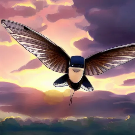 Prompt: a robot house martin flying in the sky, sunset, mechanical cute delichon urbicum, fluffy clouds, beautiful digital art, pixiv