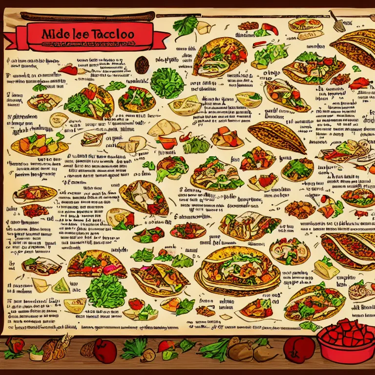 Image similar to middle age illustrated recipe for tacos ( ( ( ( a delicious tacos ) ) ) ) lot of medieval enluminures in the background explaining the recipe, schematic in a notebook