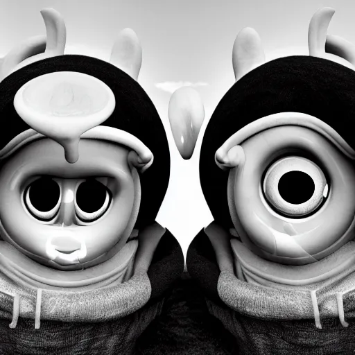 Prompt: black and white distorted Teletubbies with wide open human realistic eyes, highly detailed, sharp focus, octane render, noisy image
