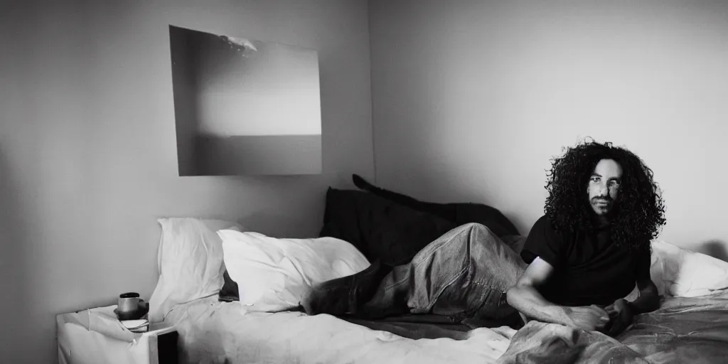 Prompt: a black and whirte portrait of a handsome guy posing in an east village bedroom, morning light, natural, long, brown curly hair, by larry clark award winning photograph