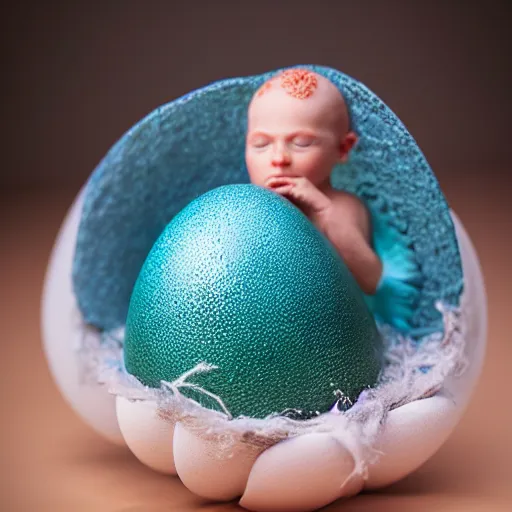 Image similar to baby mermaid hatching out of an egg, realistic photography, high detailed