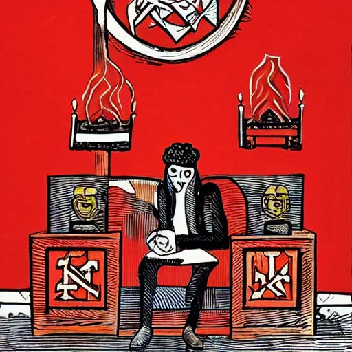 Prompt: a man is sitting in a red room with infernal symbols and sigils and runes for death and anger