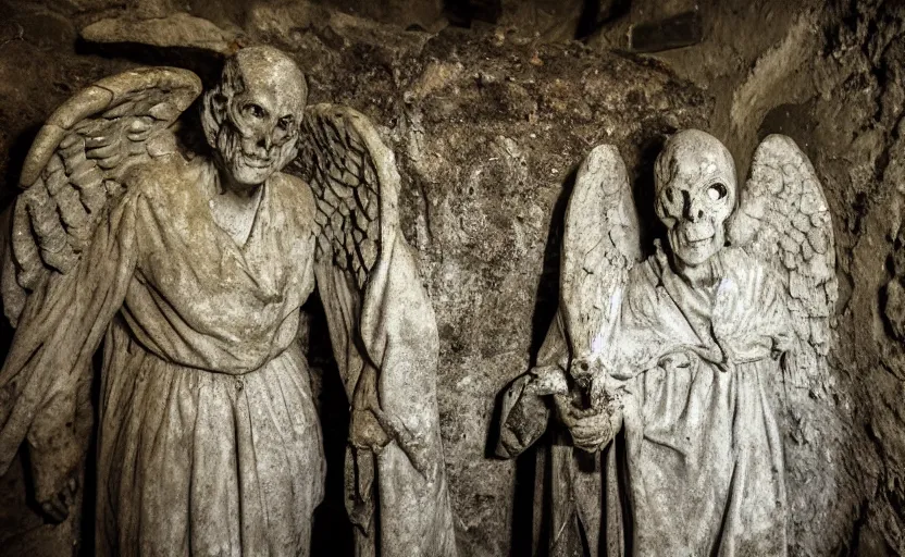 Prompt: several decrepit creepy statues of the archangel gabriel staring and smirking at the camera, placed throughout a dark claustrophobic old catacomb cavern, realistic, underexposed photography, depth of field, wide shot, sinister, bad lighting, foreboding, blurry grainy photo